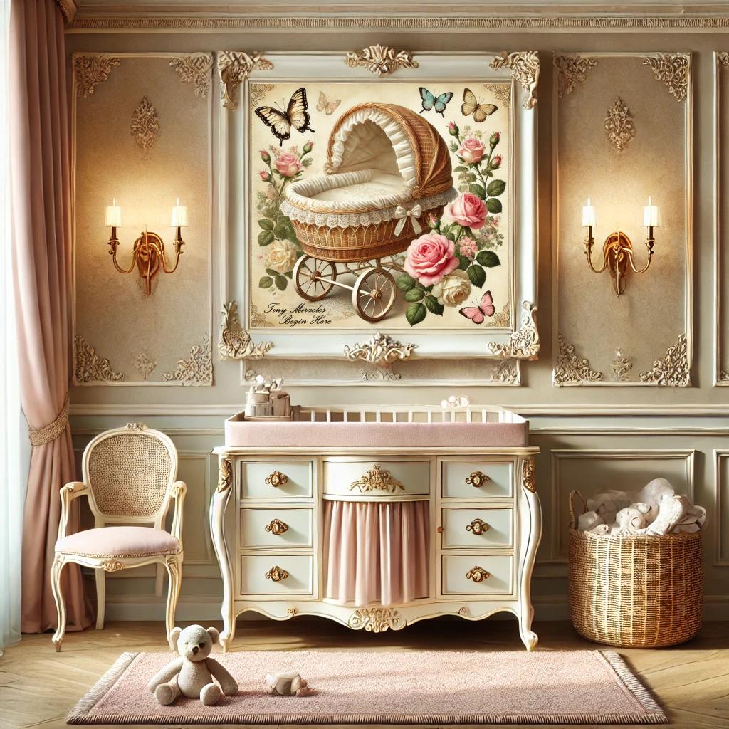 Vintage Baby Bassinet Print: Butterfly & Roses Nursery Decor (Digital Download