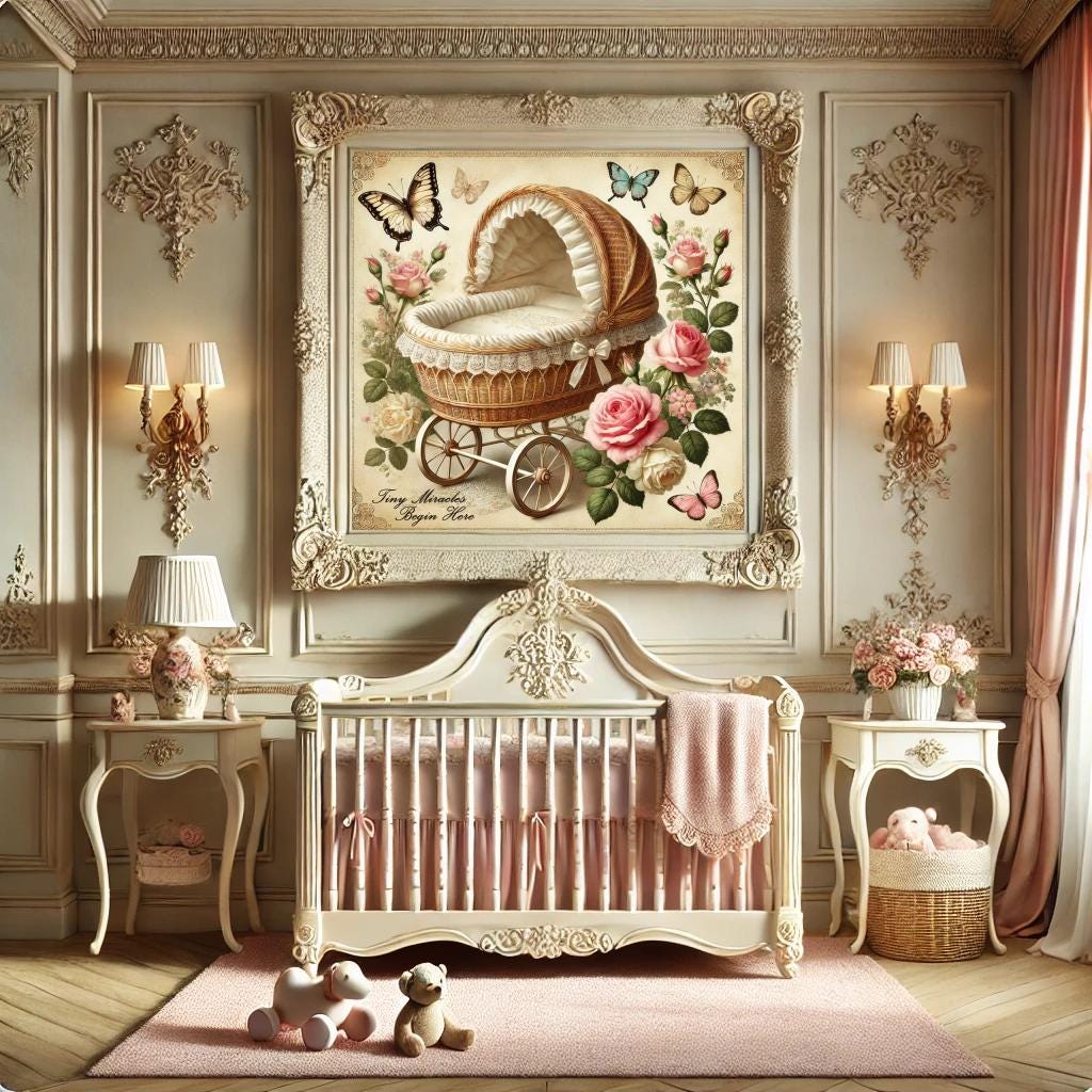 Vintage Baby Bassinet Print: Butterfly & Roses Nursery Decor (Digital Download
