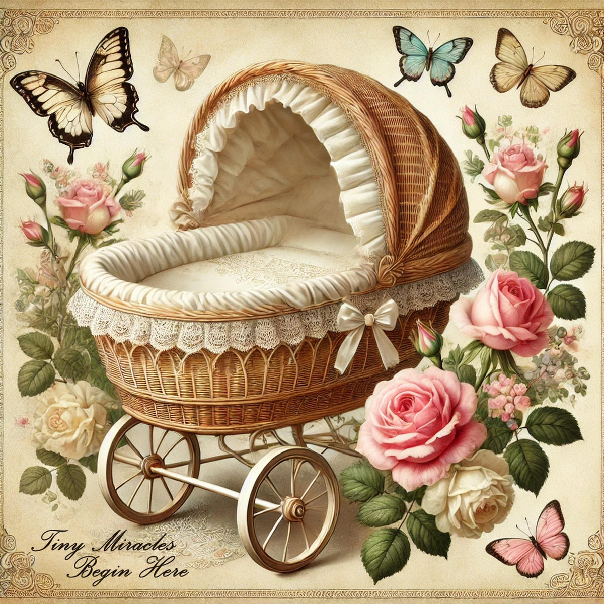 Vintage Baby Bassinet Print: Butterfly & Roses Nursery Decor (Digital Download