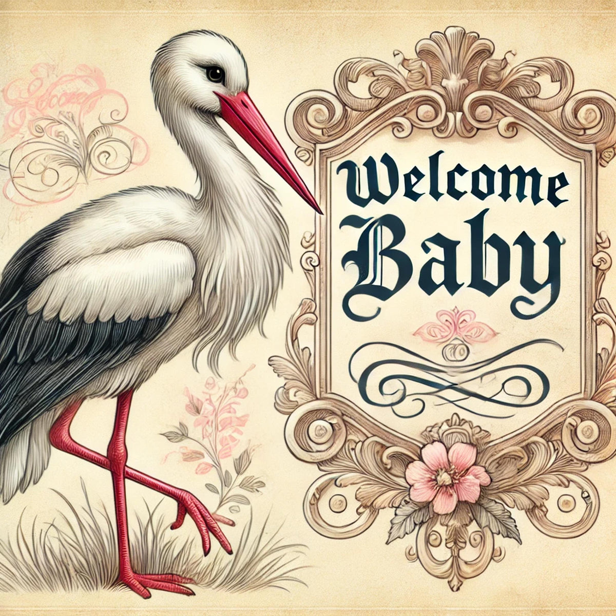Vintage Stork Welcome Baby Print: Nursery Wall Art (Digital Download) 2