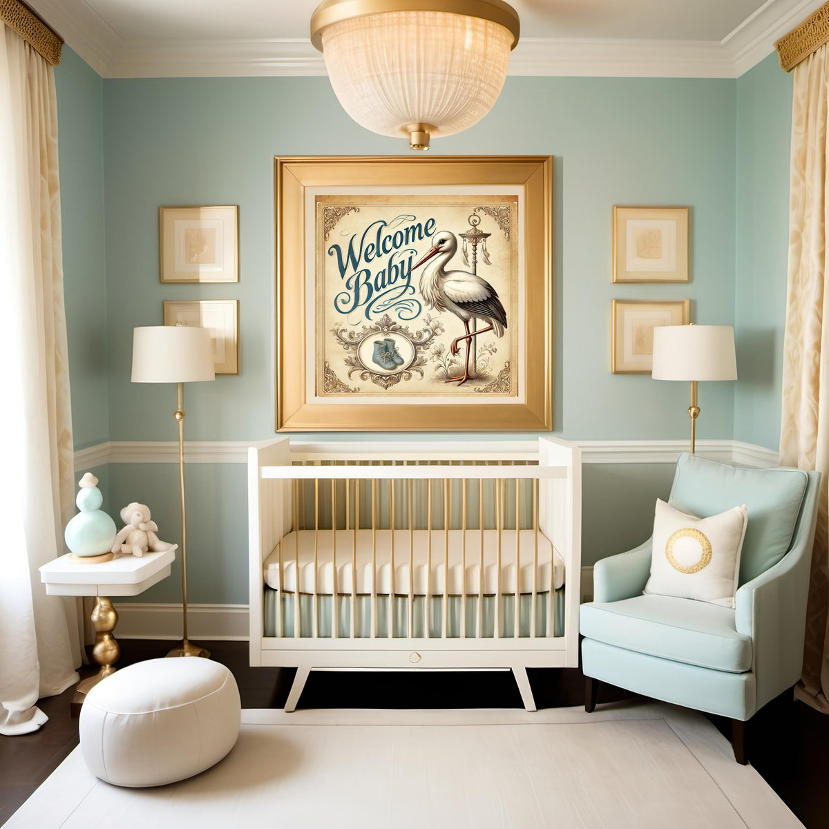 Vintage Stork Welcome Baby Print: Nursery Wall Art (Digital Download)
