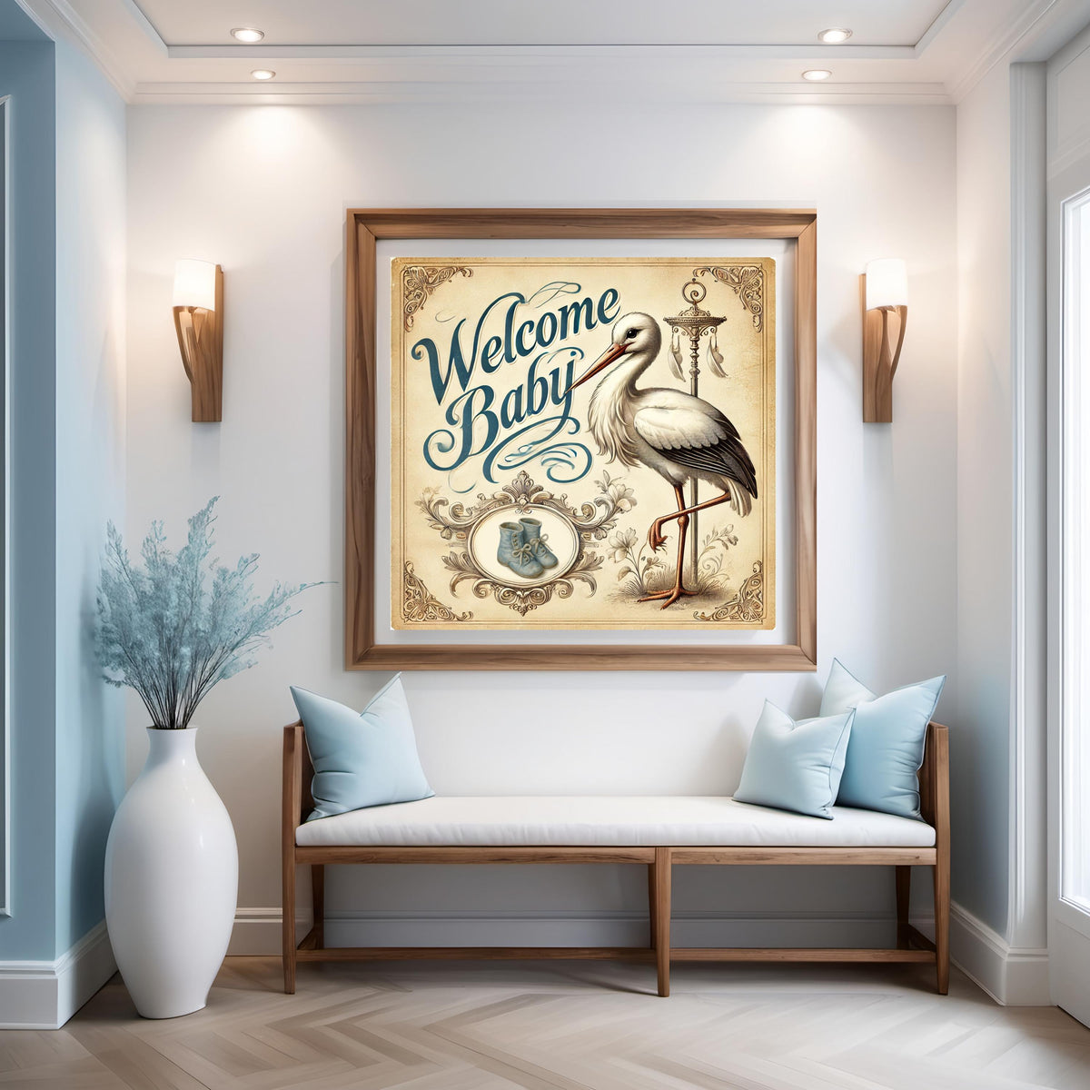 Vintage Stork Welcome Baby Print: Nursery Wall Art (Digital Download)