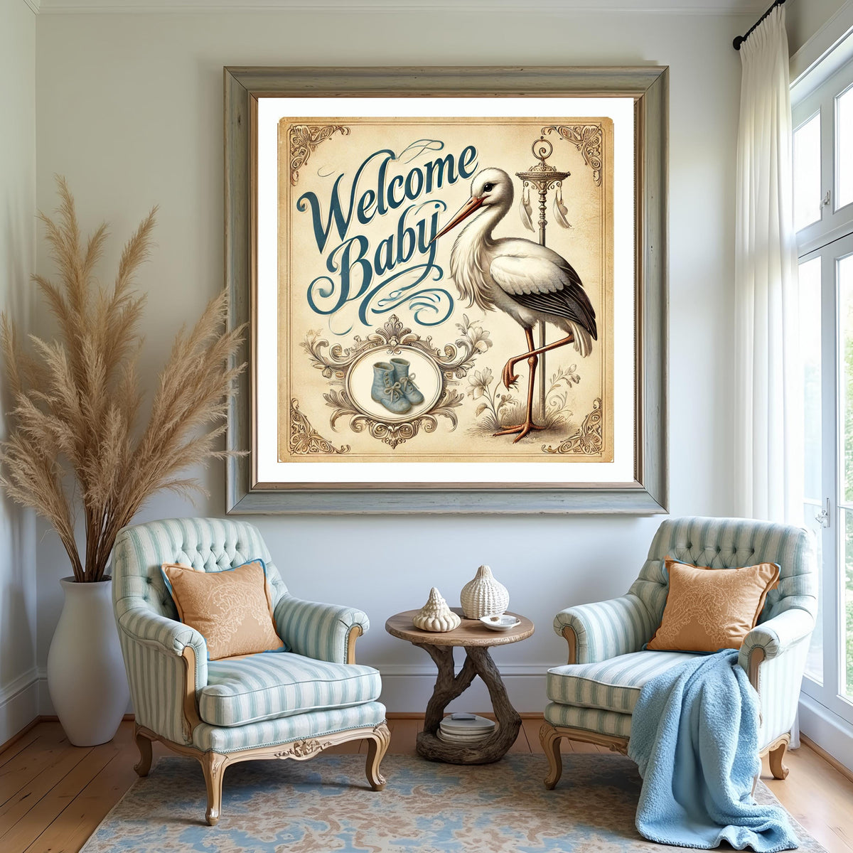 Vintage Stork Welcome Baby Print: Nursery Wall Art (Digital Download)