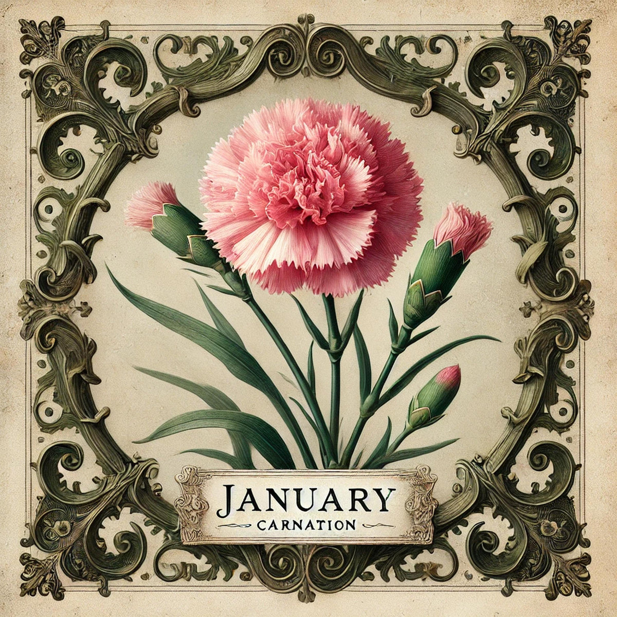 Carnation Birth Flower Print: Vintage Botanical January Floral Art (Digital Download)
