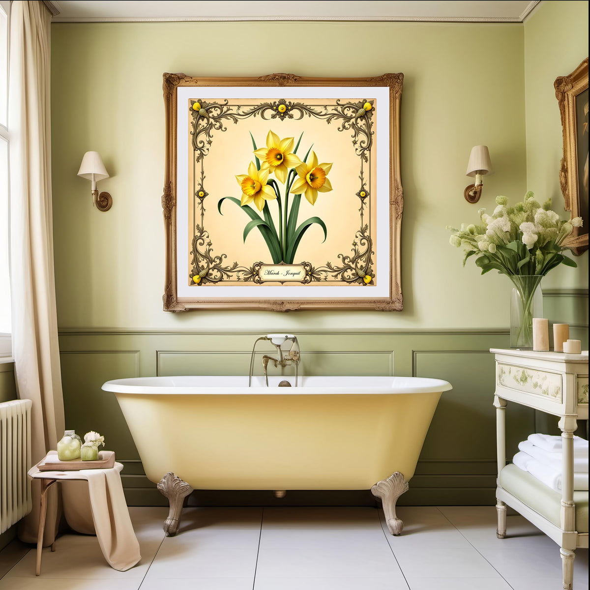 Vintage Daffodil Flower Print: March Birth Flower Sign (Digital Download, 40x40in Max)