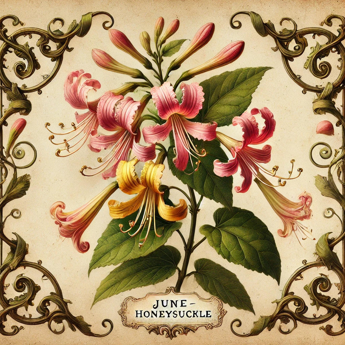 Honeysuckle June Birth Flower Print: Vintage Botanical Art (Digital Download)