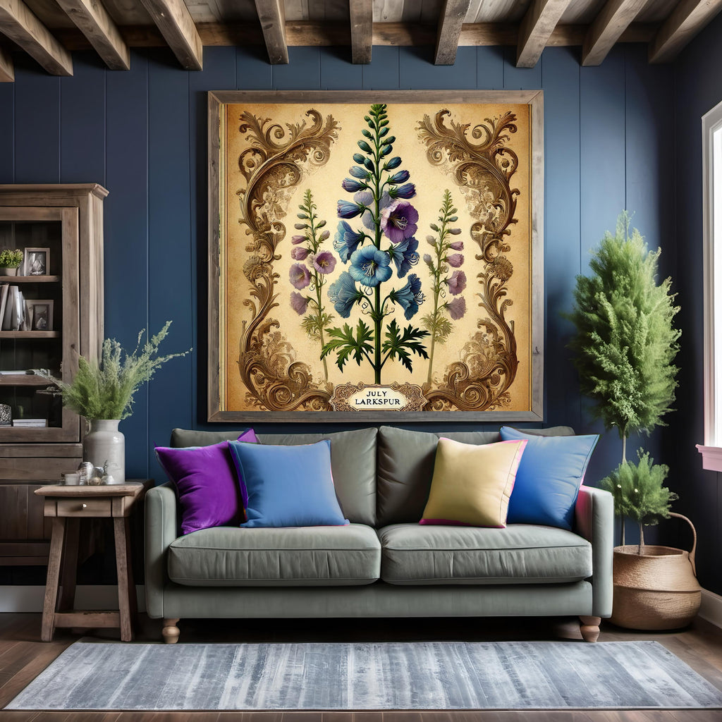July Larkspur Birth Flower Print, Vintage Botanical Art (Digital Download)