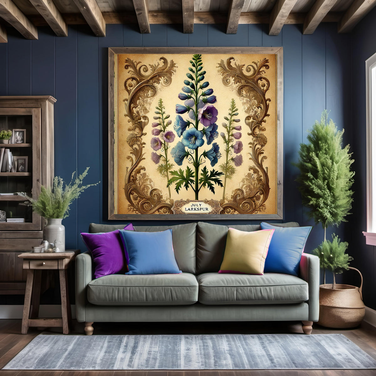 July Larkspur Birth Flower Print, Vintage Botanical Art (Digital Download)