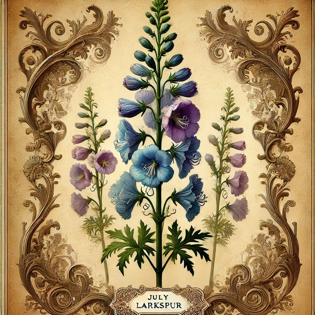 July Larkspur Birth Flower Print, Vintage Botanical Art (Digital Download)