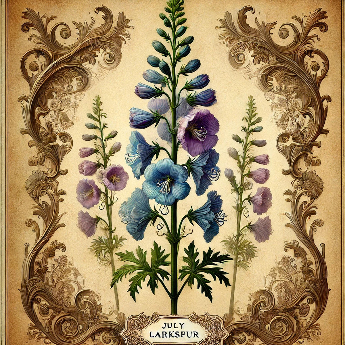 July Larkspur Birth Flower Print, Vintage Botanical Art (Digital Download)