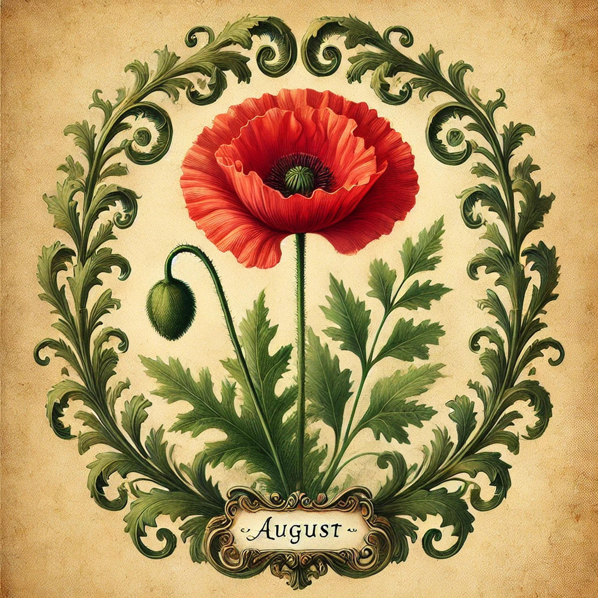 August Birth Flower Poppy Print: Vintage Botanical Art (Digital Download)