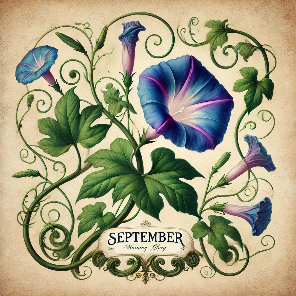 September Birth Flower Art Print: Vintage Morning Glory Botanical (Digital Download)