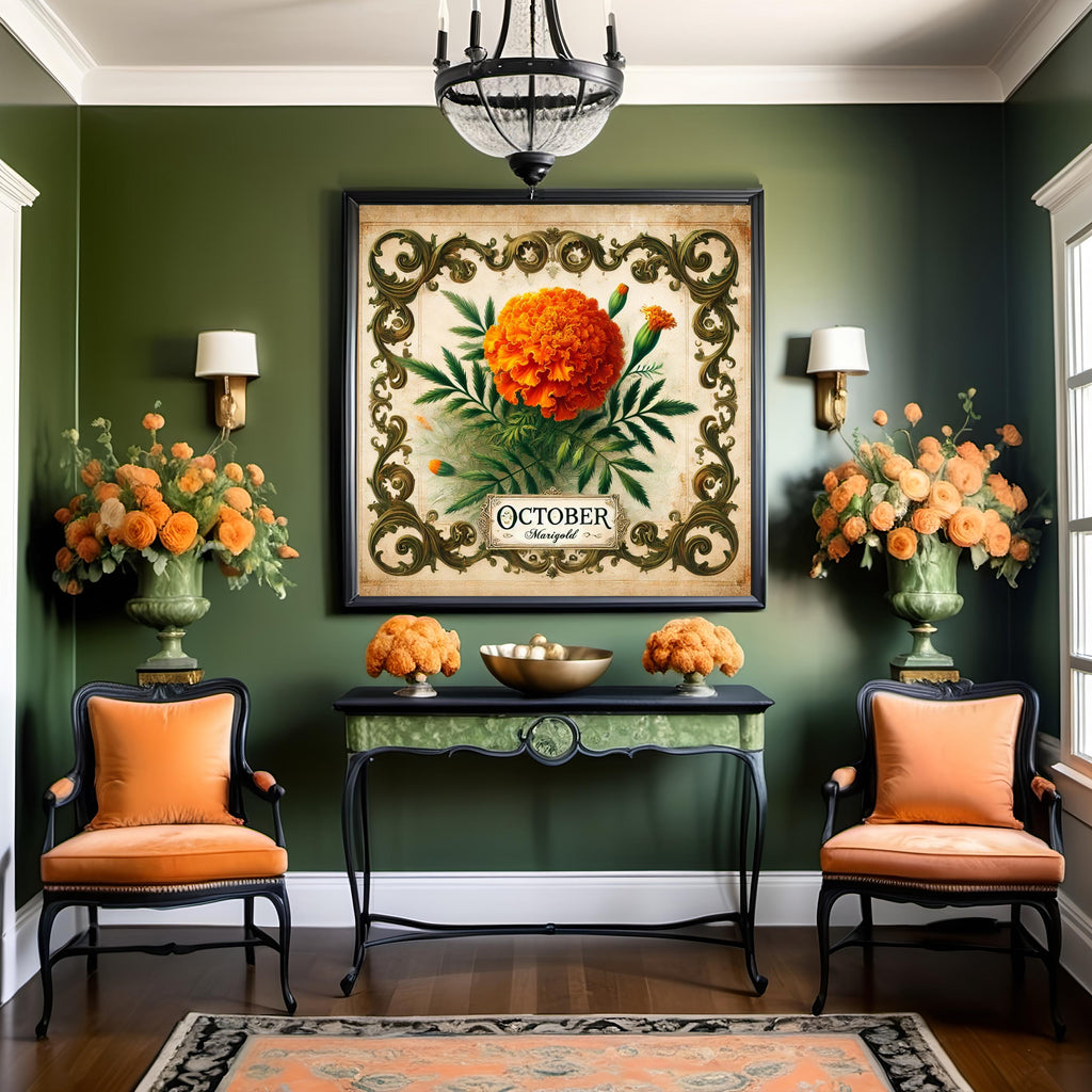 October Marigold Birth Month Flower Painting Vintage Floral Wall Art (Digital Download)