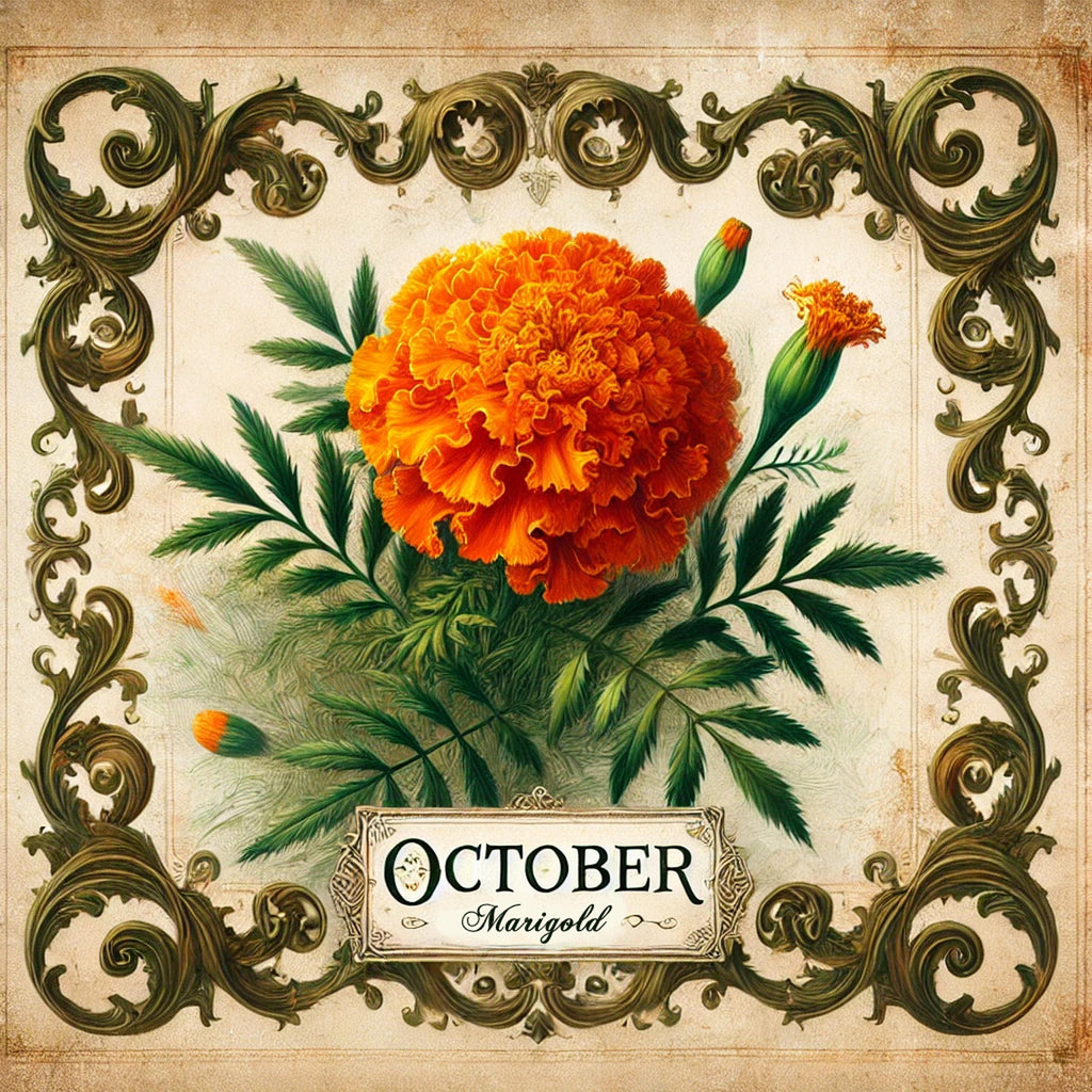 October Marigold Birth Month Flower Painting Vintage Floral Wall Art (Digital Download)