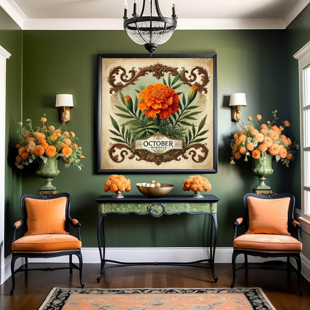 October Marigold Birth Flower Print: Vintage Floral Wall Art (Digital Download)