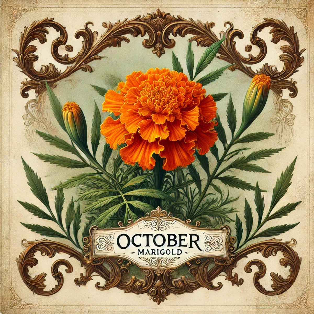 October Marigold Birth Flower Print: Vintage Floral Wall Art (Digital Download)