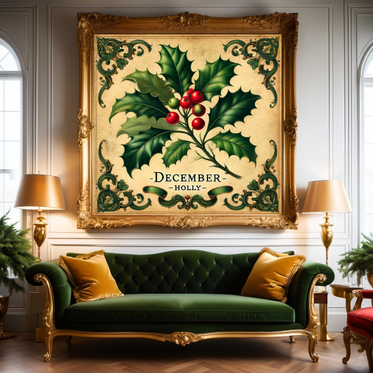 December Birth Flower Holly Print: Vintage Christmas Botanical Art (Digital Download)