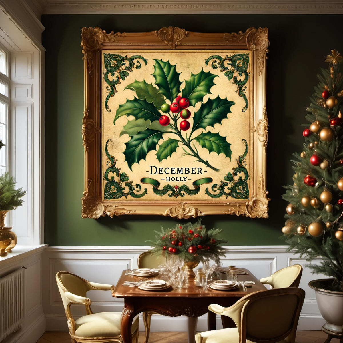 December Birth Flower Holly Print: Vintage Christmas Botanical Art (Digital Download)