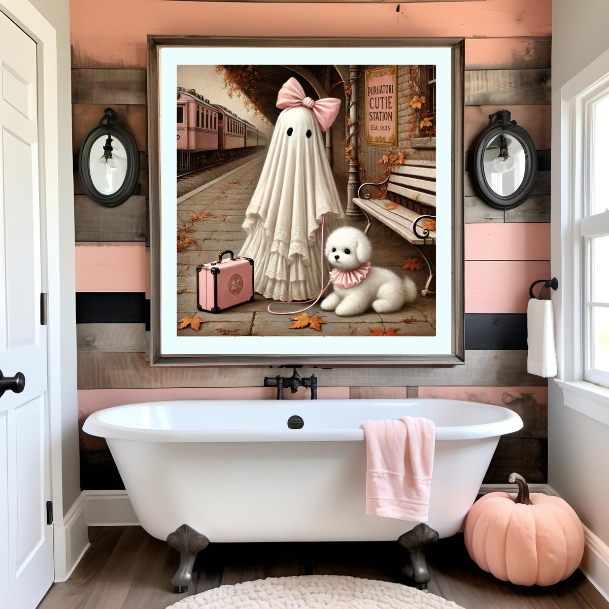 Coral the Ghost and her Dog at the Train Station Art: Vintage Halloween Decor (Digital Download)