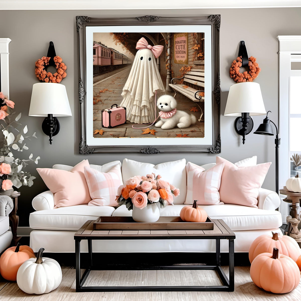 Coral the Ghost and her Dog at the Train Station Art: Vintage Halloween Decor (Digital Download)