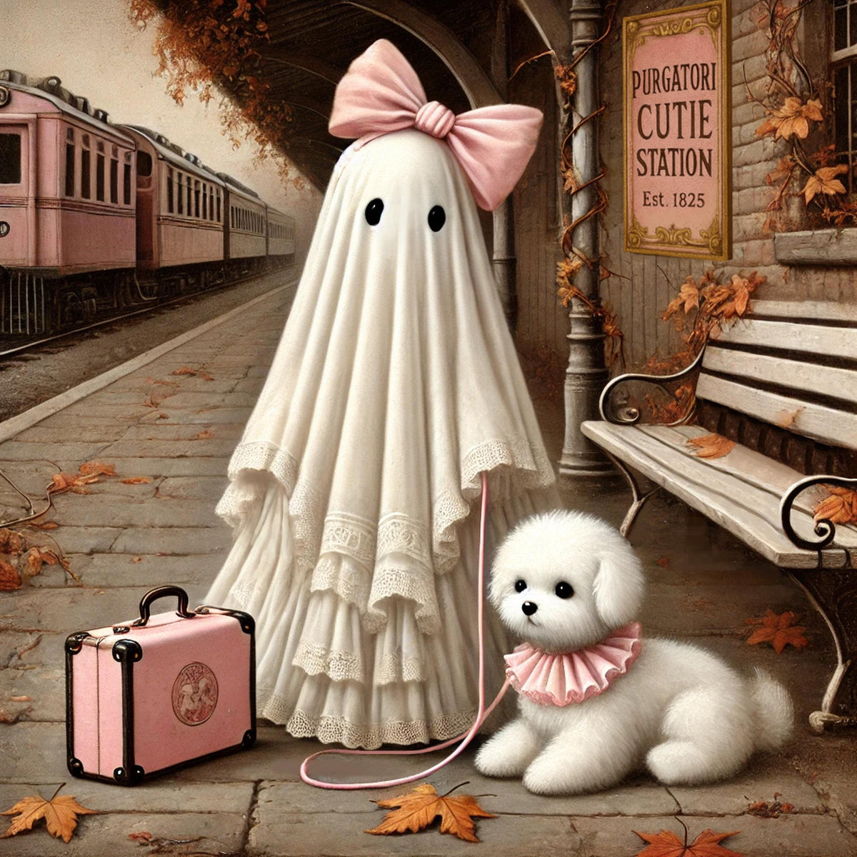 Coral the Ghost and her Dog at the Train Station Art: Vintage Halloween Decor (Digital Download)