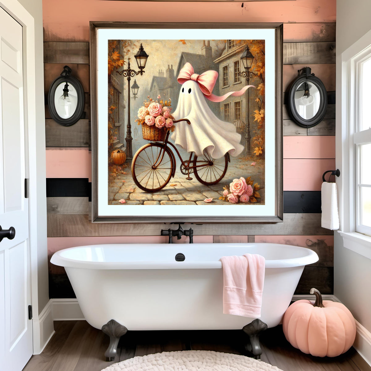 Coral the Ghost on Bike Art Print: Pink Bow, Halloween Decor (Digital Download)