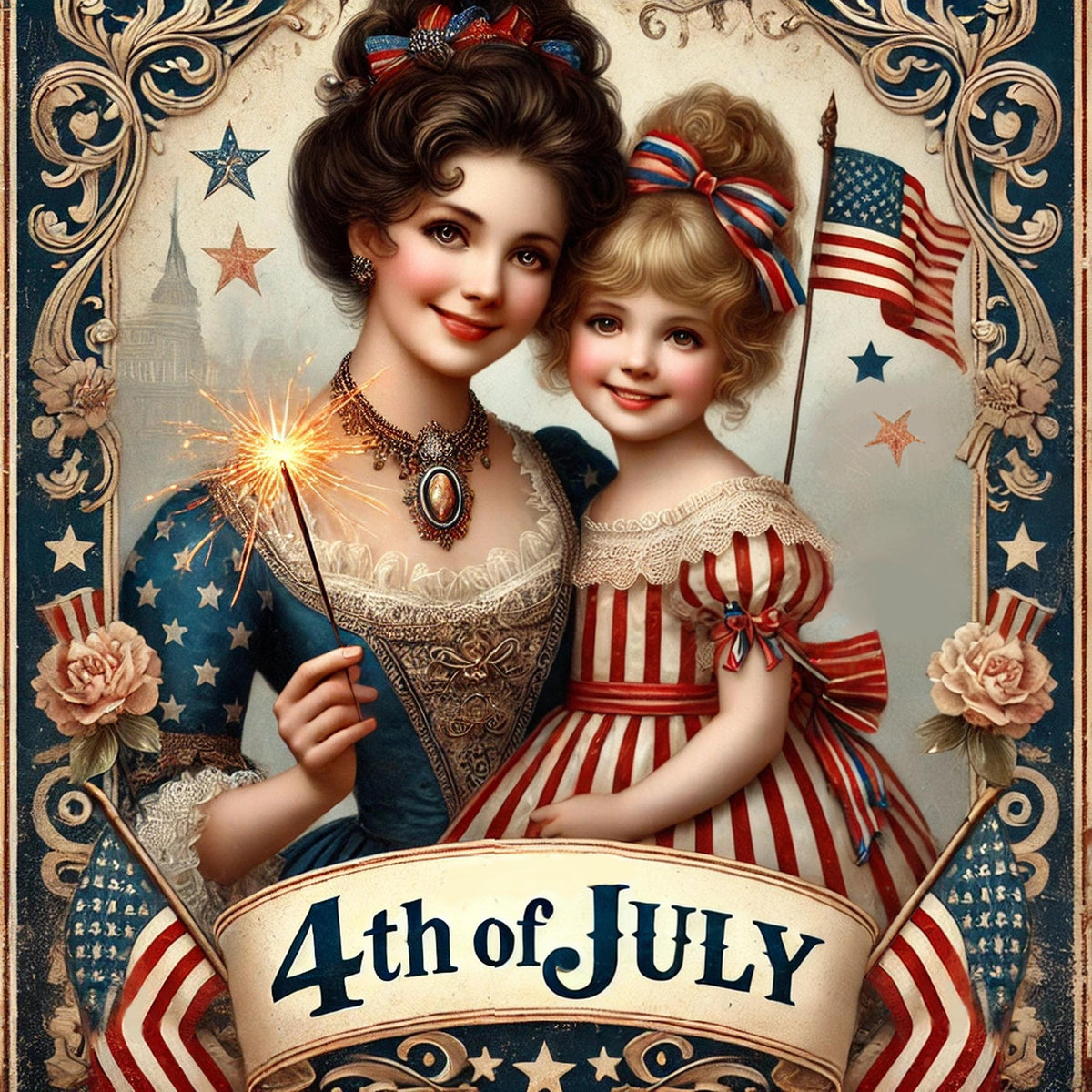 Vintage 4th of July Sign: Mother & Daughter, Patriotic Americana (Digital Download)