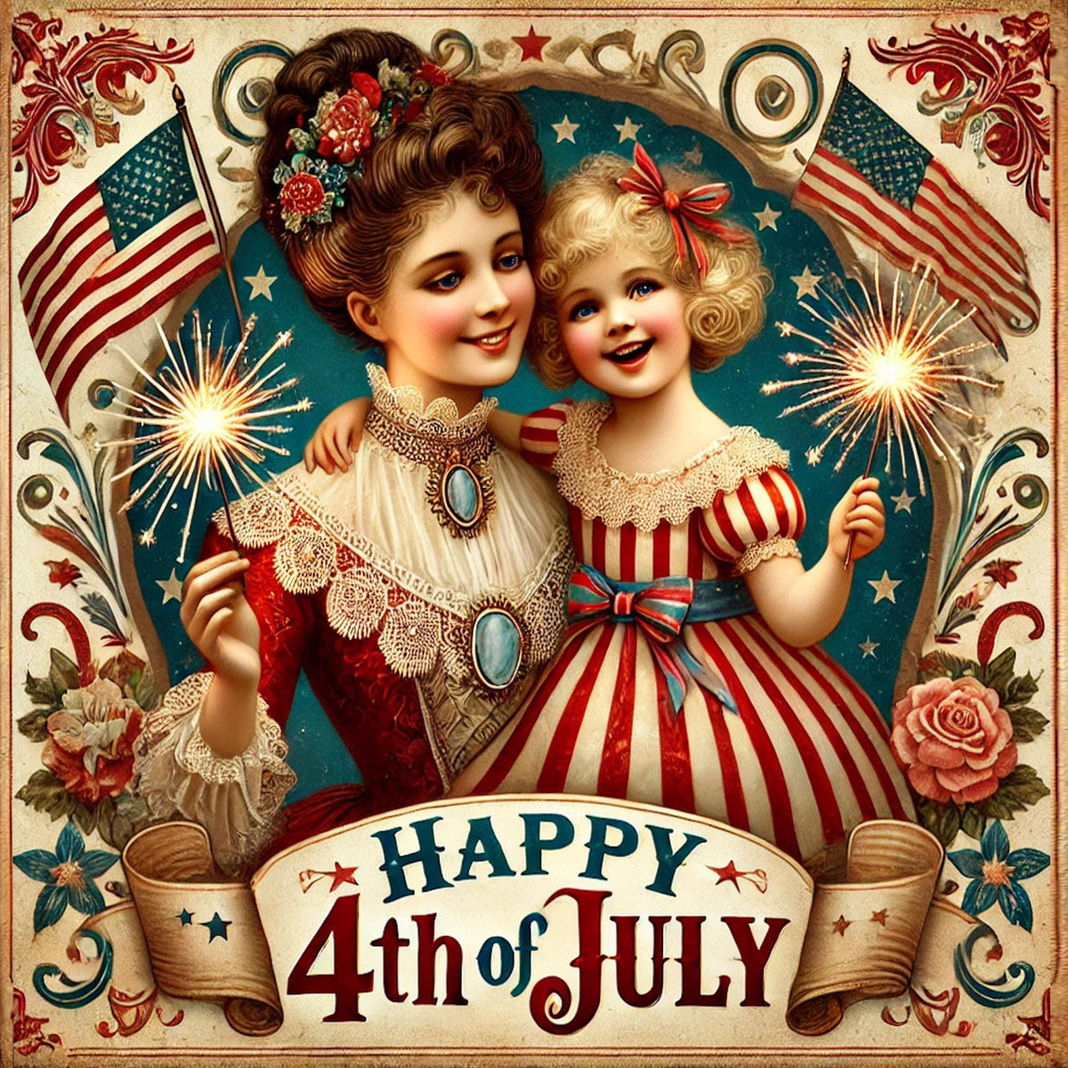 Vintage 4th of July Patriotic Sign: Mother & Daughter Americana Decor (Digital Download)