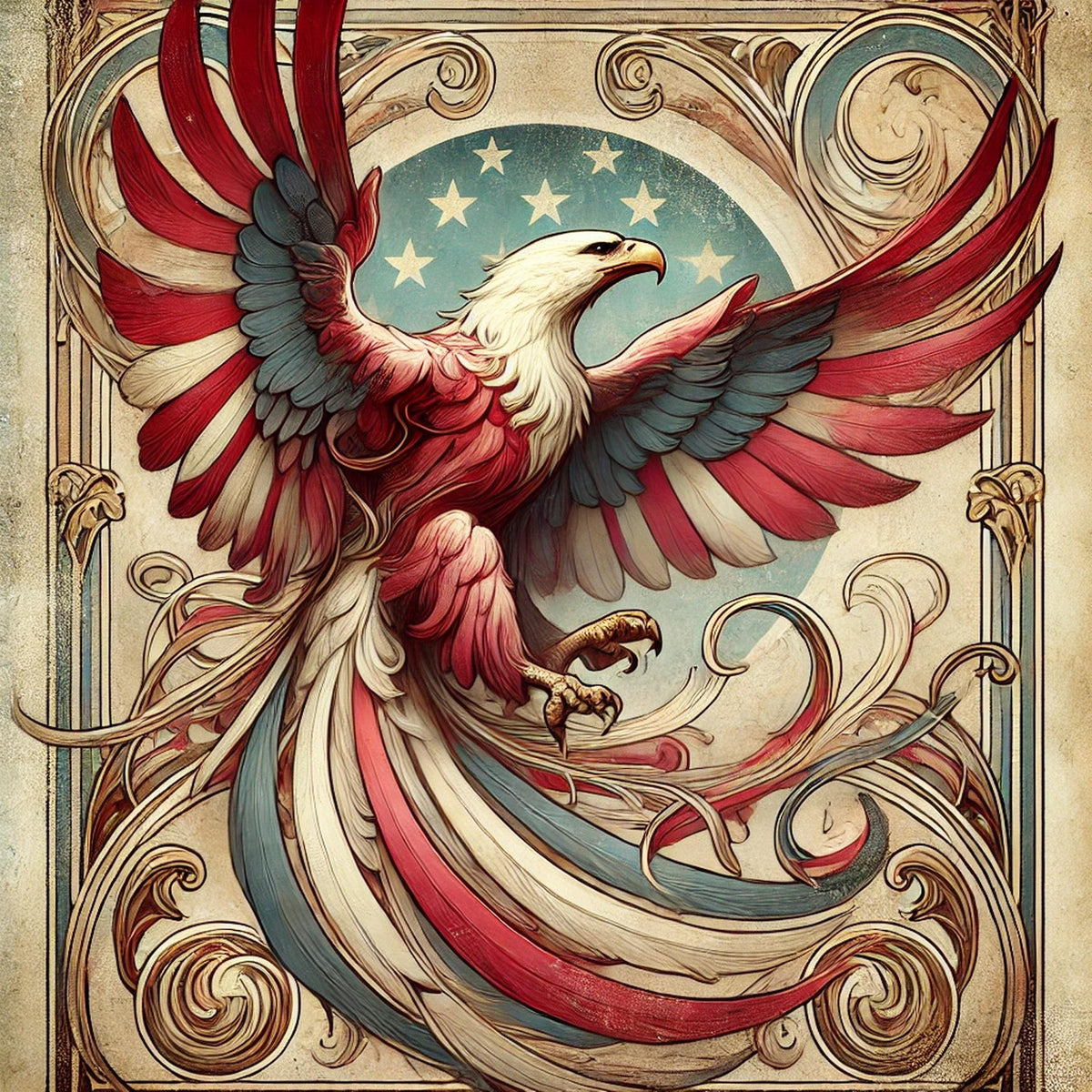 Art Nouveau Patriotic Eagle Print: Vintage American Flag Colors (Digital Download 4096x4096px )