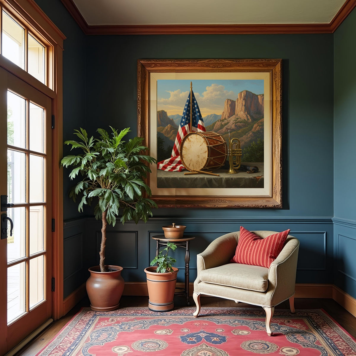 Patriotic Still Life Art Print: Drum, Trumpet & American Flag (Digital Download)