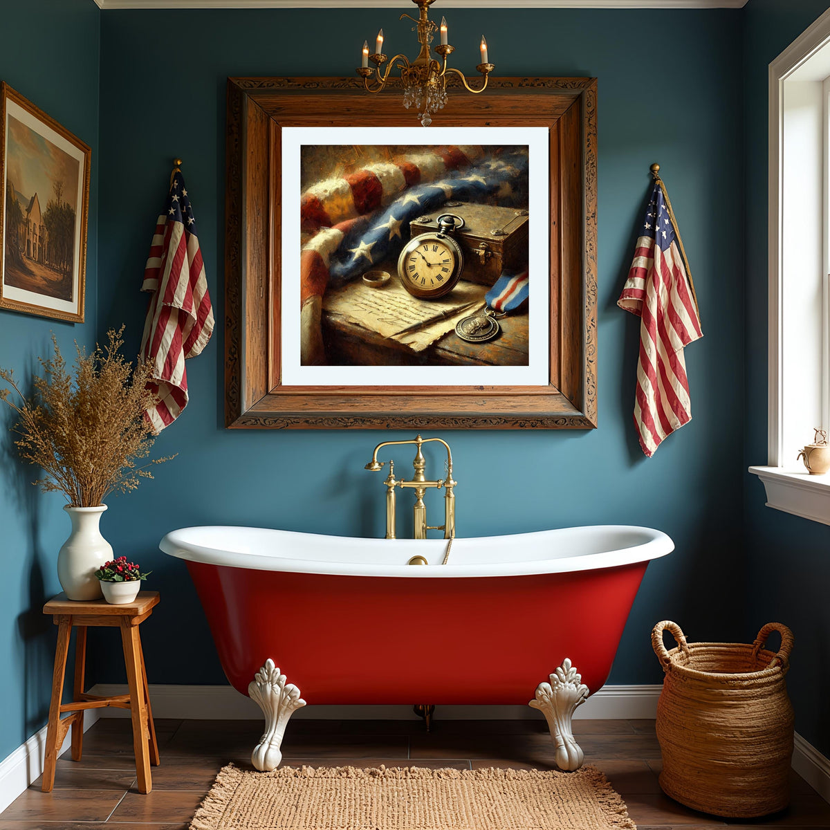 Vintage Patriotic Still Life Print: American Flag, Pocket Watch (Digital Download)