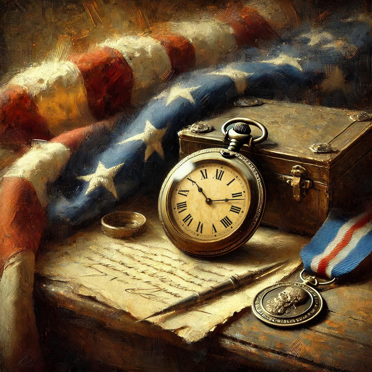 Vintage Patriotic Still Life Print: American Flag, Pocket Watch (Digital Download)