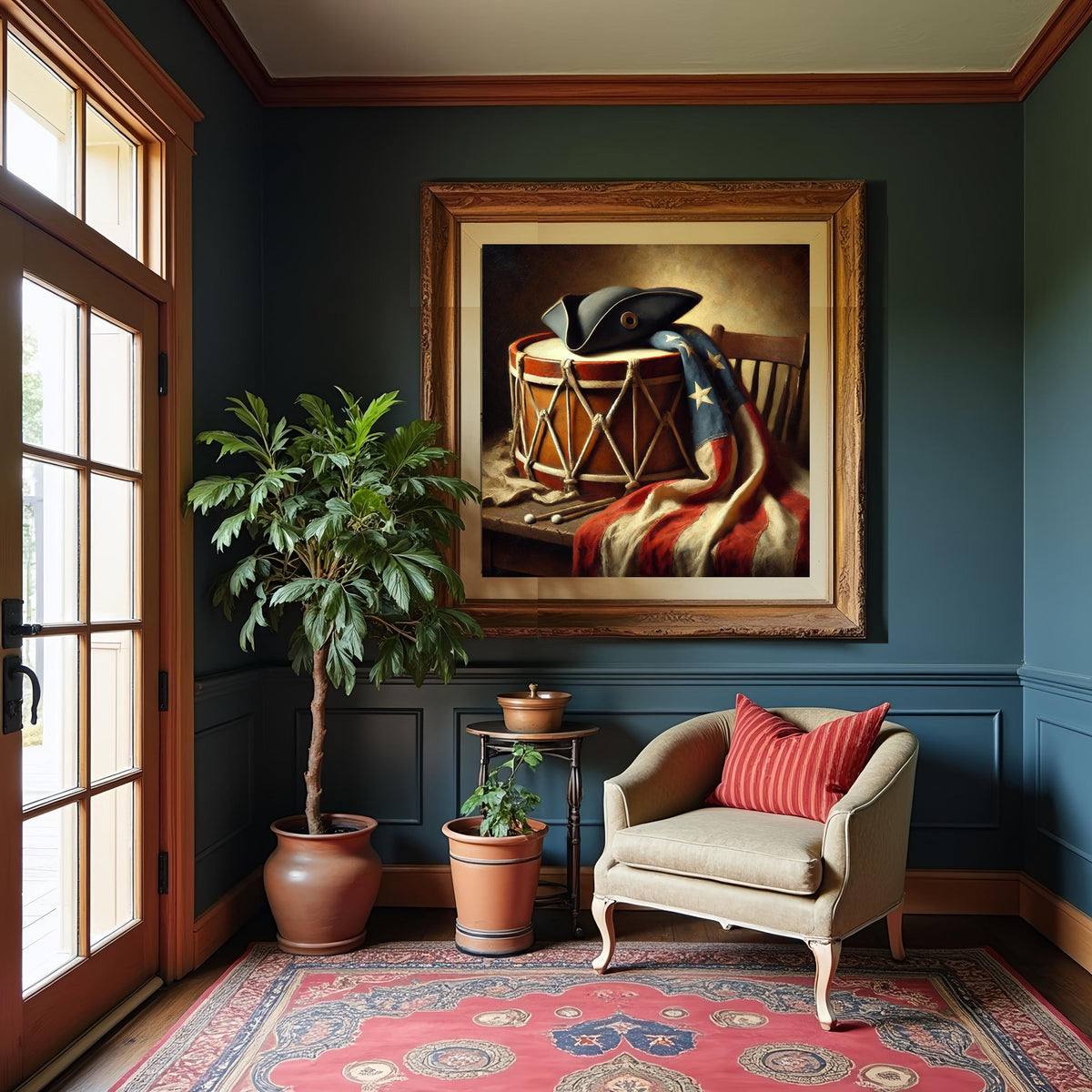Colonial Americana Still Life: Drum, Tricorn Hat, Vintage Patriotic Art (Digital Download)