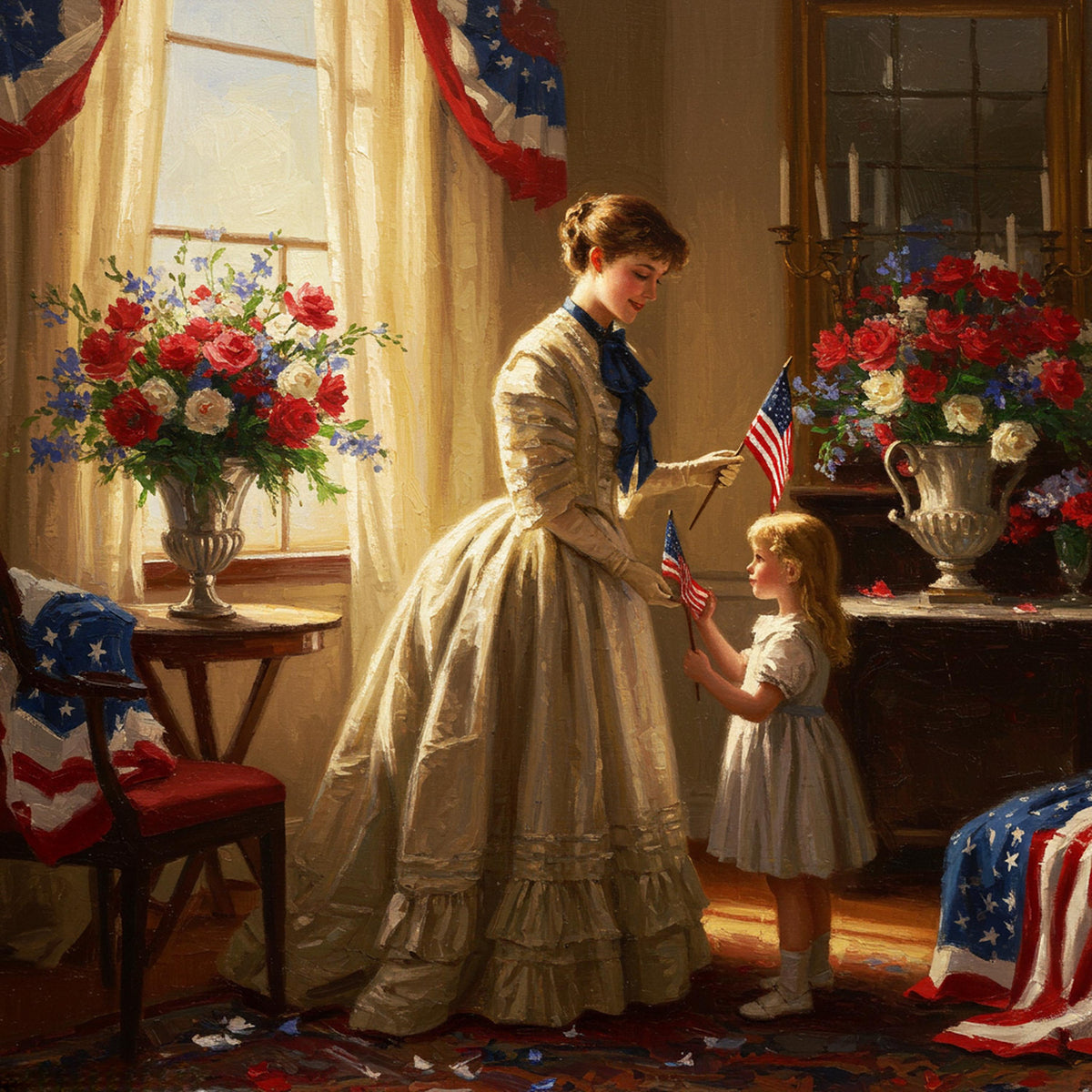Vintage Mother & Daughter American Flag Art: Patriotic Victorian Decor (Digital Download)