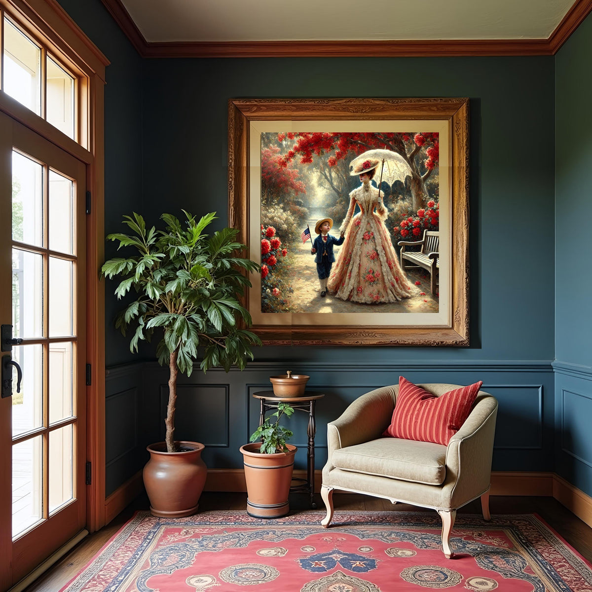 Victorian Mother and Son Patriotic Print: Americana Garden Scene (Digital Download)