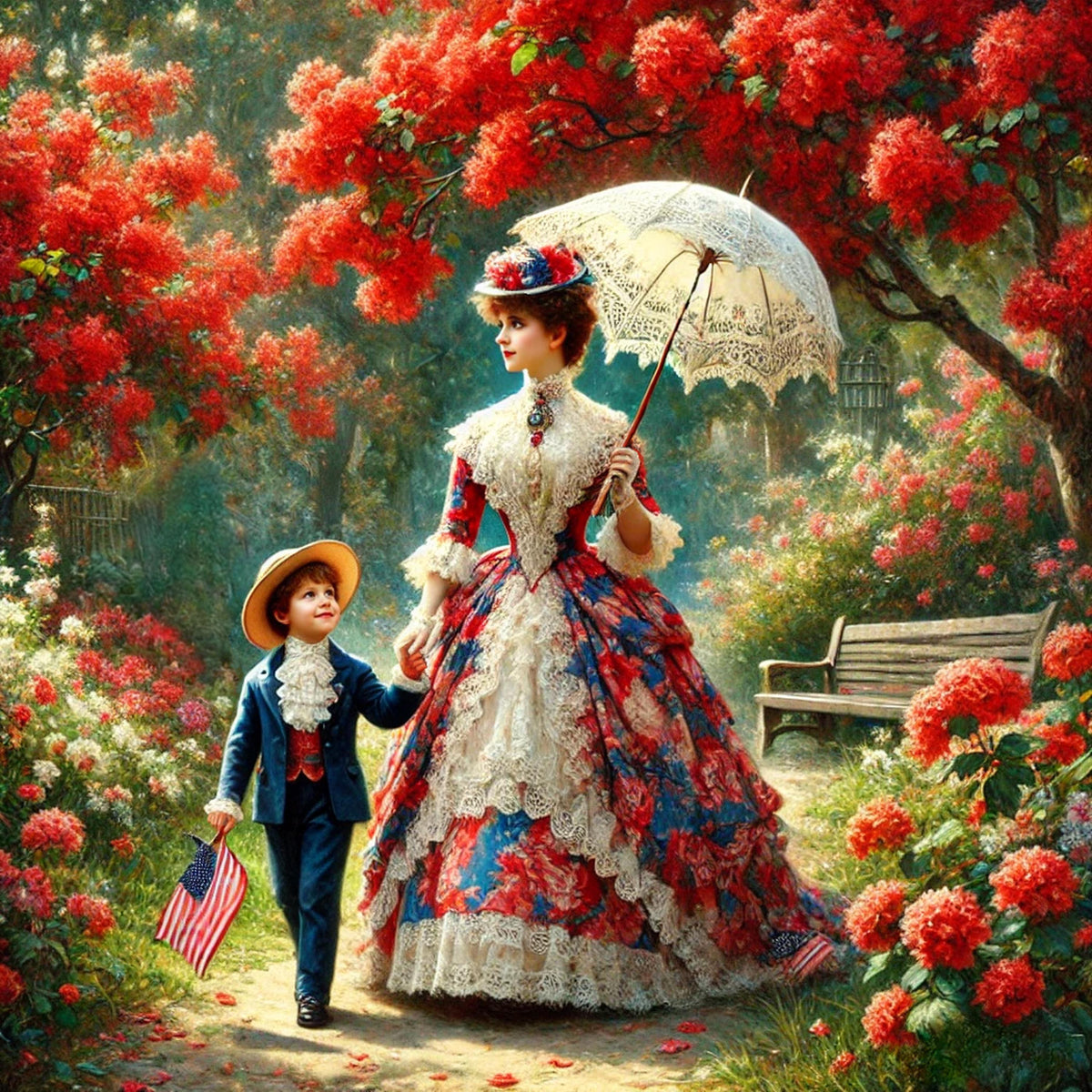 Victorian Mother and Son 4th of July Art: Patriotic Garden Scene (Digital Download)