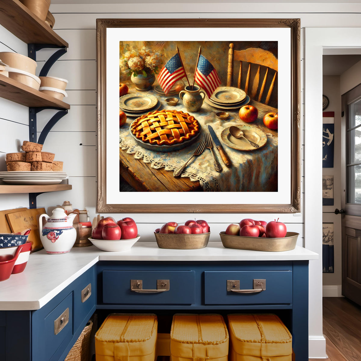 Patriotic Farmhouse Kitchen Print: Vintage USA Flag, Apple Pie (Digital Download)
