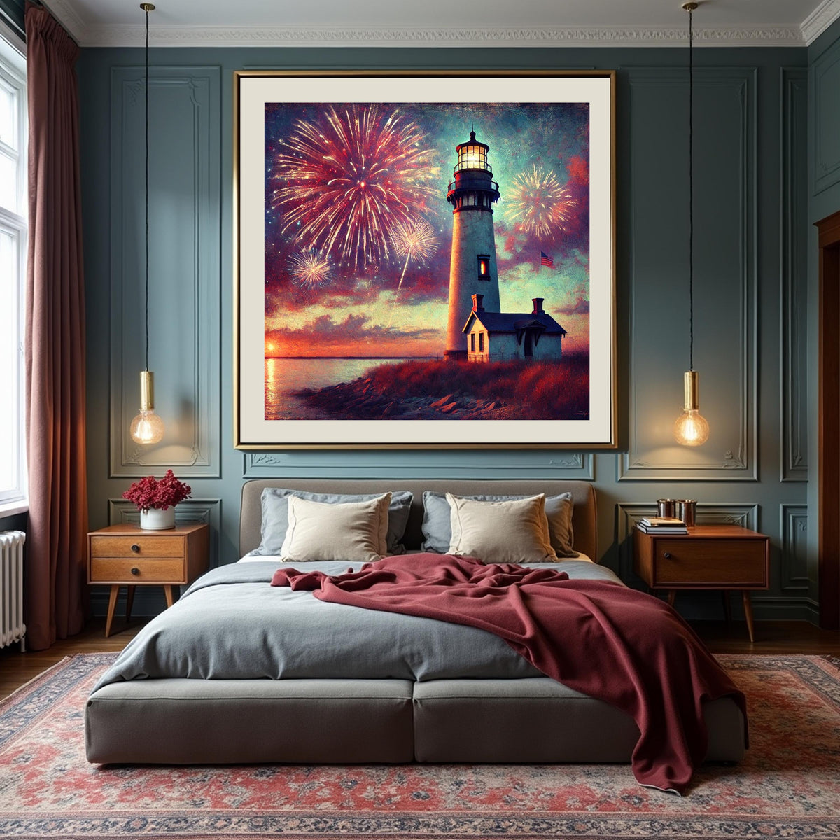 Vintage Lighthouse Fireworks Art: Patriotic Coastal Print (Digital Download)