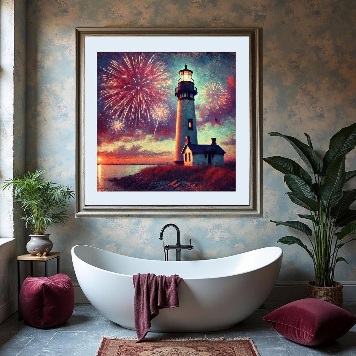 Vintage Lighthouse Fireworks Art: Patriotic Coastal Print (Digital Download)