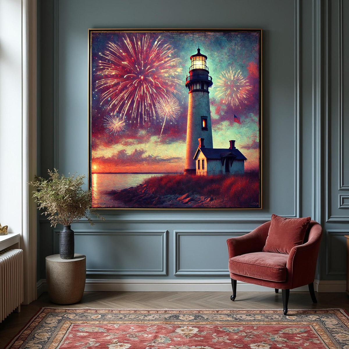 Vintage Lighthouse Fireworks Art: Patriotic Coastal Print (Digital Download)