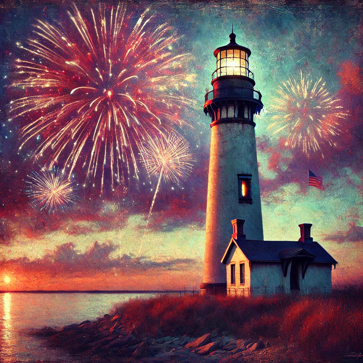 Vintage Lighthouse Fireworks Art: Patriotic Coastal Print (Digital Download)