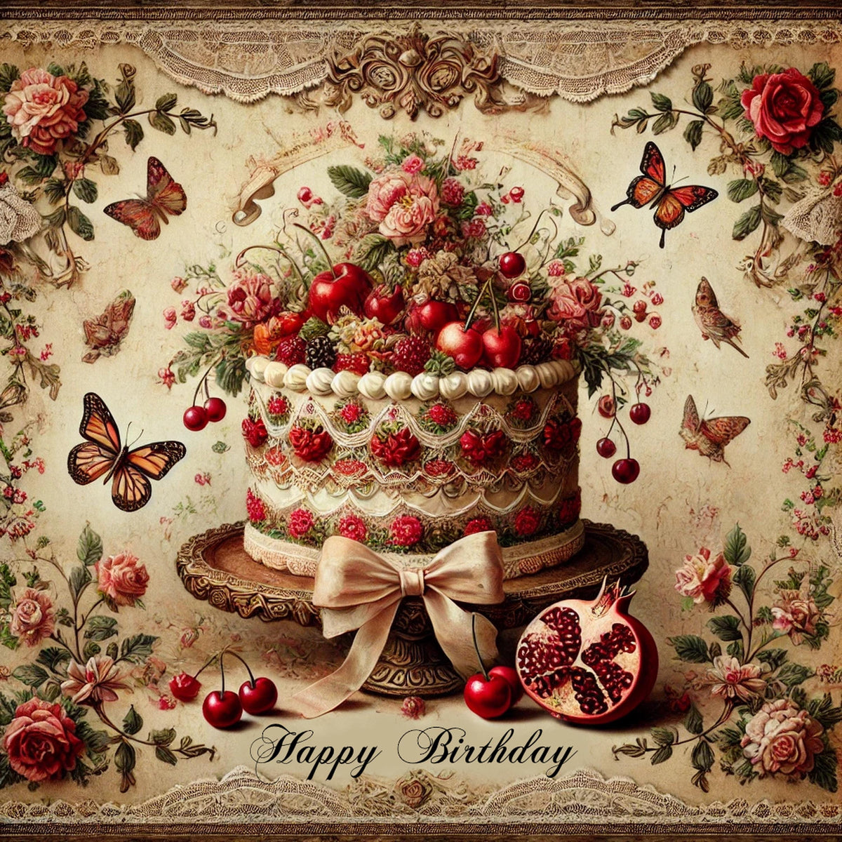 Vintage Cherry Cake Birthday Art: Victorian Roses & Butterflies (Digital Download)