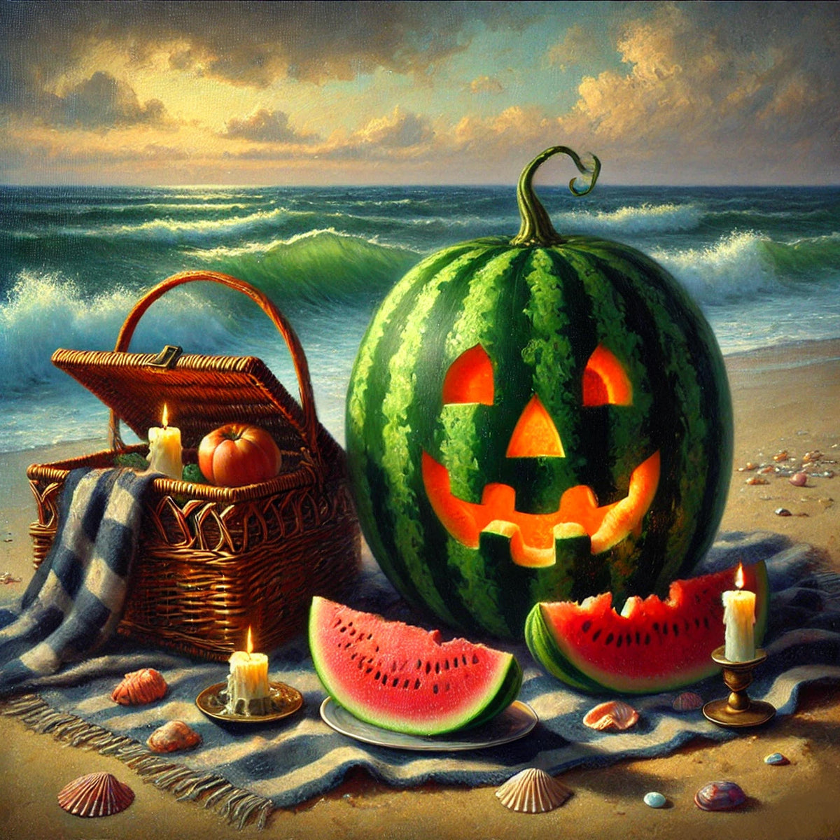 Watermelon Jack-o'-Lantern Print: Spooky Summer Beach Picnic (Digital Download)