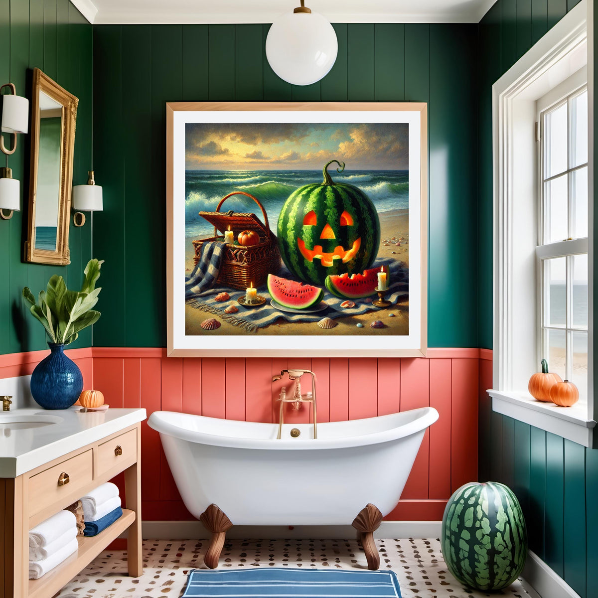 Watermelon Jack-o'-Lantern Print: Spooky Summer Beach Picnic (Digital Download)