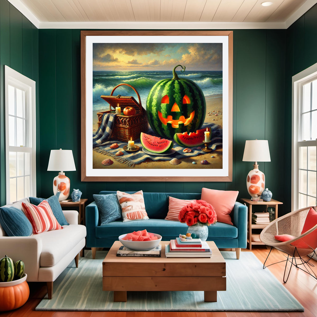 Watermelon Jack-o'-Lantern Print: Spooky Summer Beach Picnic (Digital Download)
