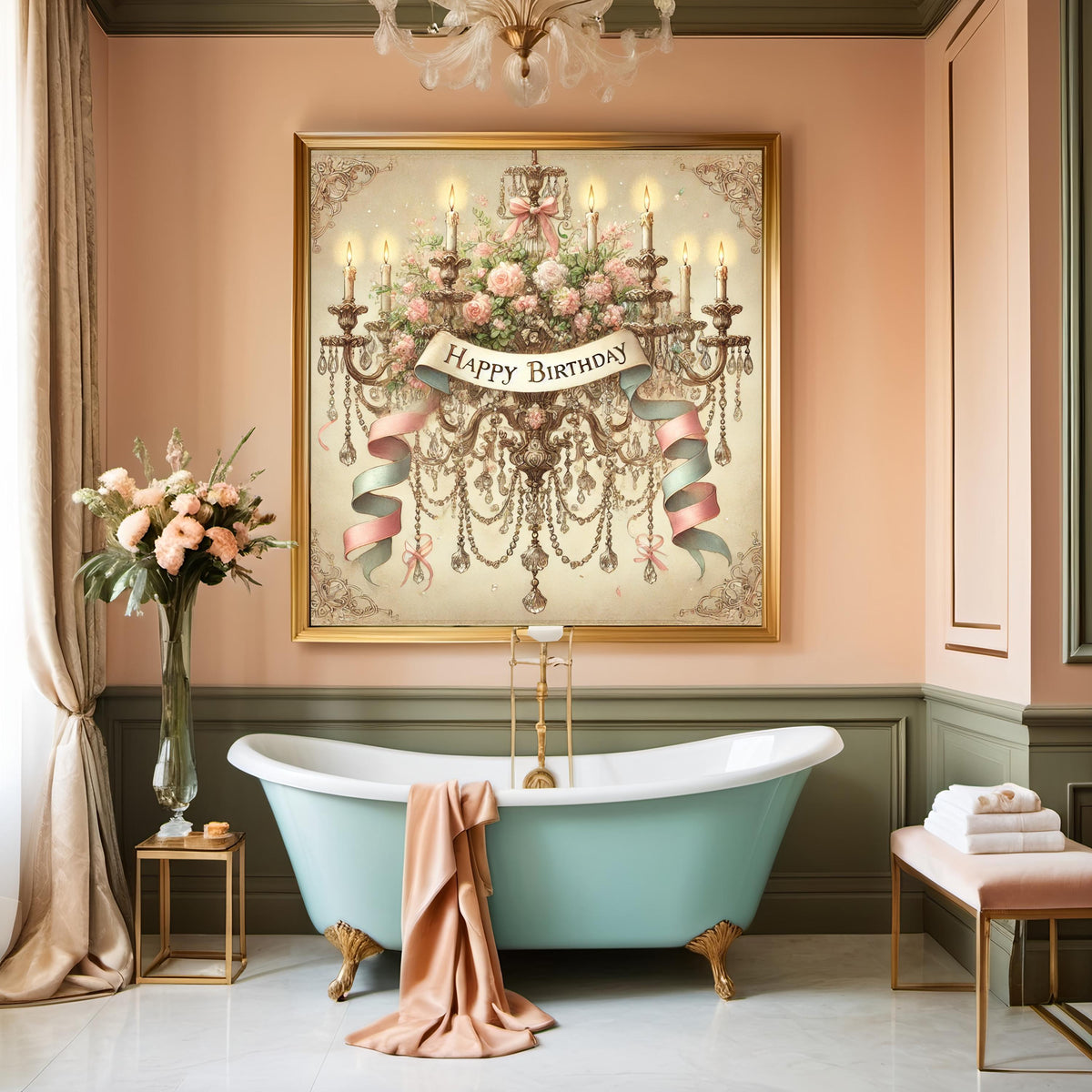 Vintage Birthday Chandelier Print: Floral Crystal Victorian Art (Digital Download)