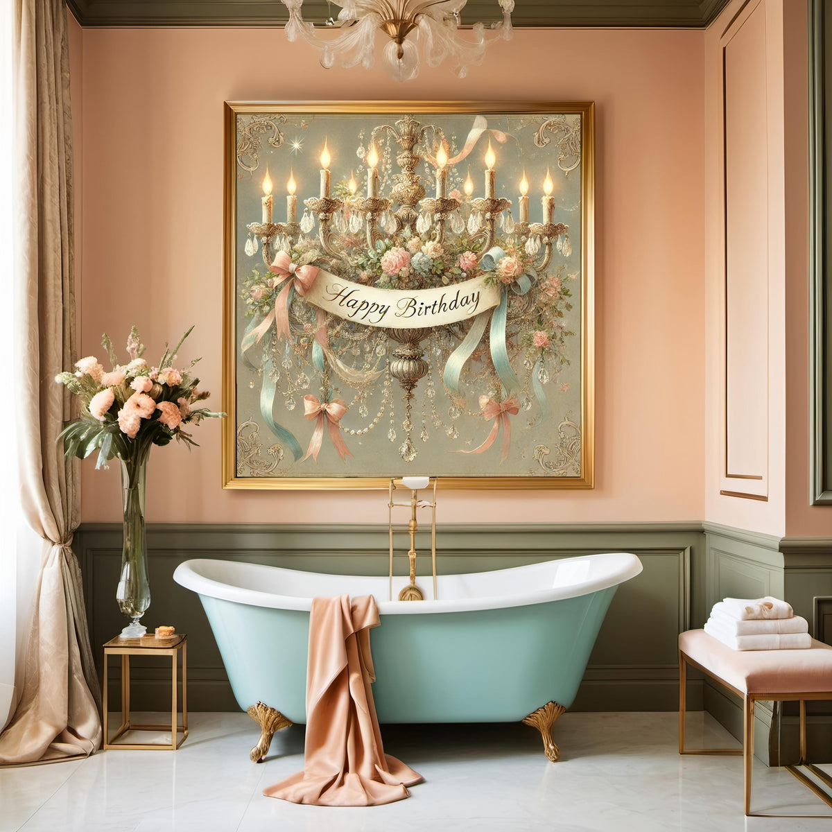 Vintage Birthday Chandelier Print: Floral Crystal Pastel Art (Digital Download)