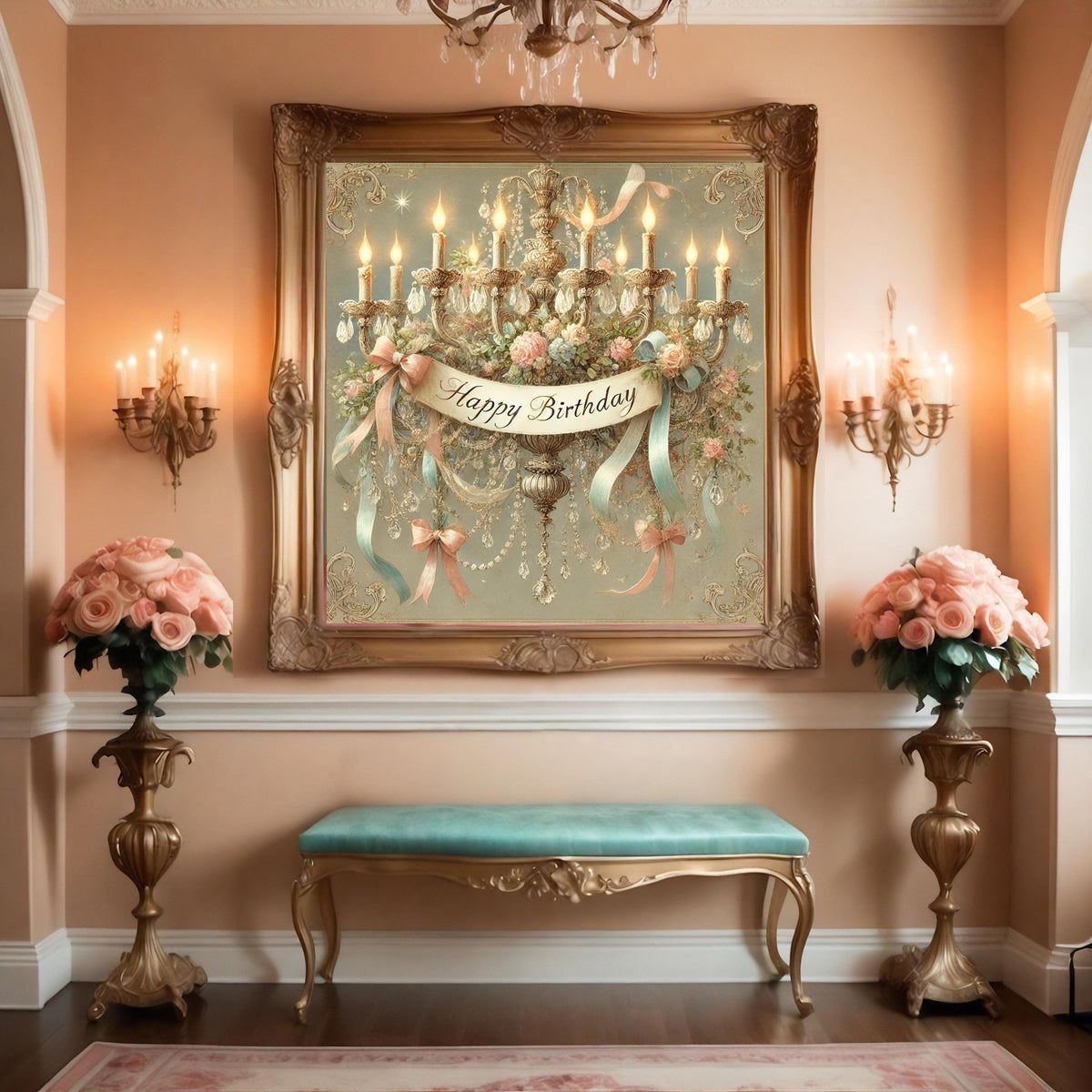 Vintage Birthday Chandelier Print: Floral Crystal Pastel Art (Digital Download)