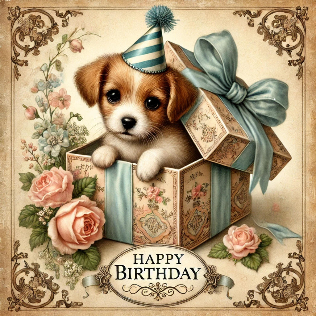 Vintage Puppy Birthday Sign: Victorian Dog in Gift Box (Digital Download)