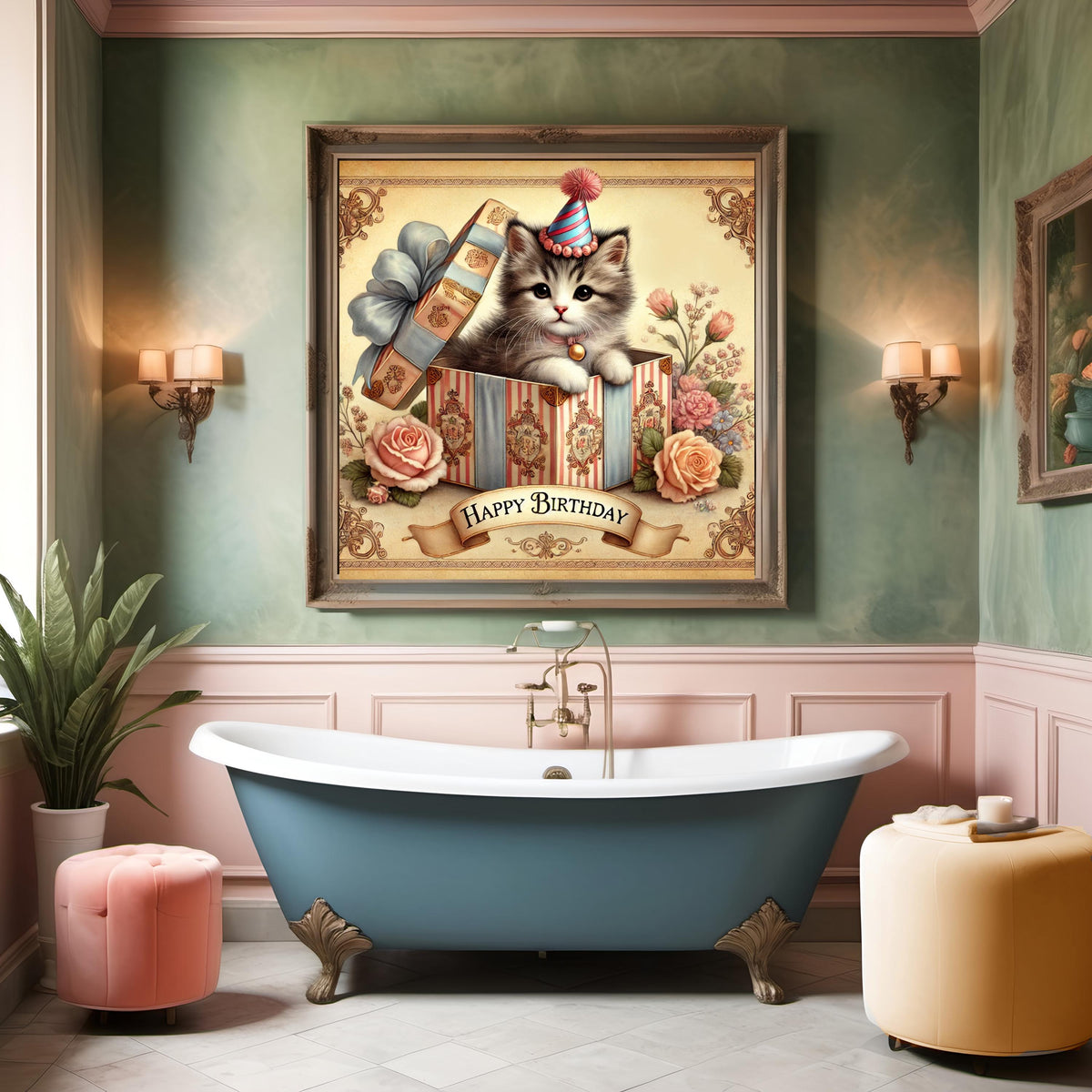 Vintage Birthday Kitten Print: Victorian Cat in Gift Box (Digital Download)
